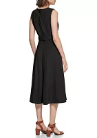 Women's Sleeveless Round Neck Tie Waist Midi Fit and Flare Dress