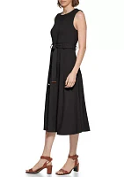 Women's Sleeveless Round Neck Tie Waist Midi Fit and Flare Dress