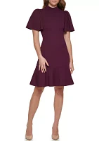 Women's Short Sleeve Mock Neck Solid Ruffle Hem Fit and Flare Dress