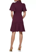 Women's Short Sleeve Mock Neck Solid Ruffle Hem Fit and Flare Dress