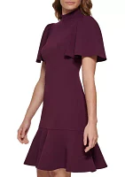 Women's Short Sleeve Mock Neck Solid Ruffle Hem Fit and Flare Dress