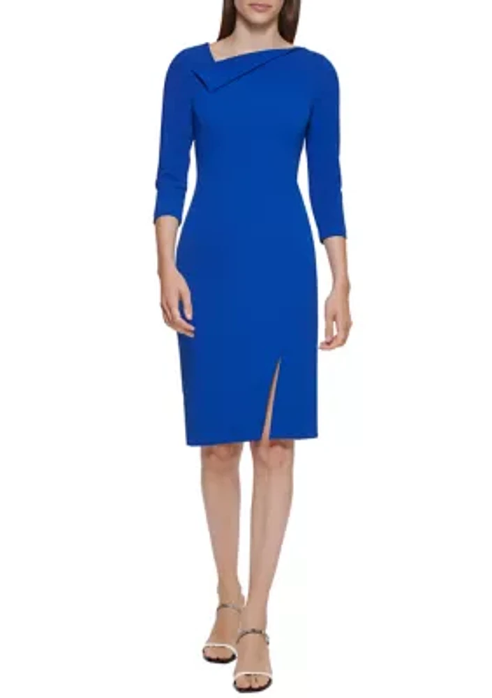 Women's 3/4 Sleeve Drape Neck Slit Trim Solid Sheath Dress