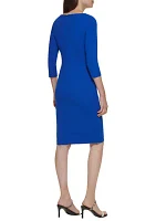 Women's 3/4 Sleeve Drape Neck Slit Trim Solid Sheath Dress