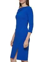 Women's 3/4 Sleeve Drape Neck Slit Trim Solid Sheath Dress