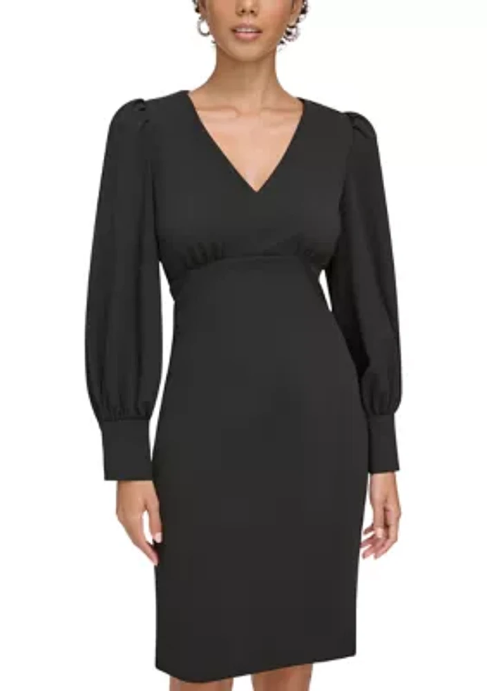 Women's Long Sleeve V-Neck Puff Solid Sheath Dress