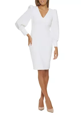 Women's Long Sleeve V-Neck Puff Solid Sheath Dress