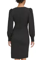 Women's Long Sleeve V-Neck Puff Solid Sheath Dress