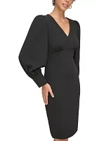 Women's Long Sleeve V-Neck Puff Solid Sheath Dress