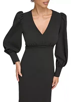 Women's Long Sleeve V-Neck Puff Solid Sheath Dress