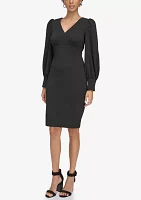 Women's Long Sleeve V-Neck Puff Solid Sheath Dress