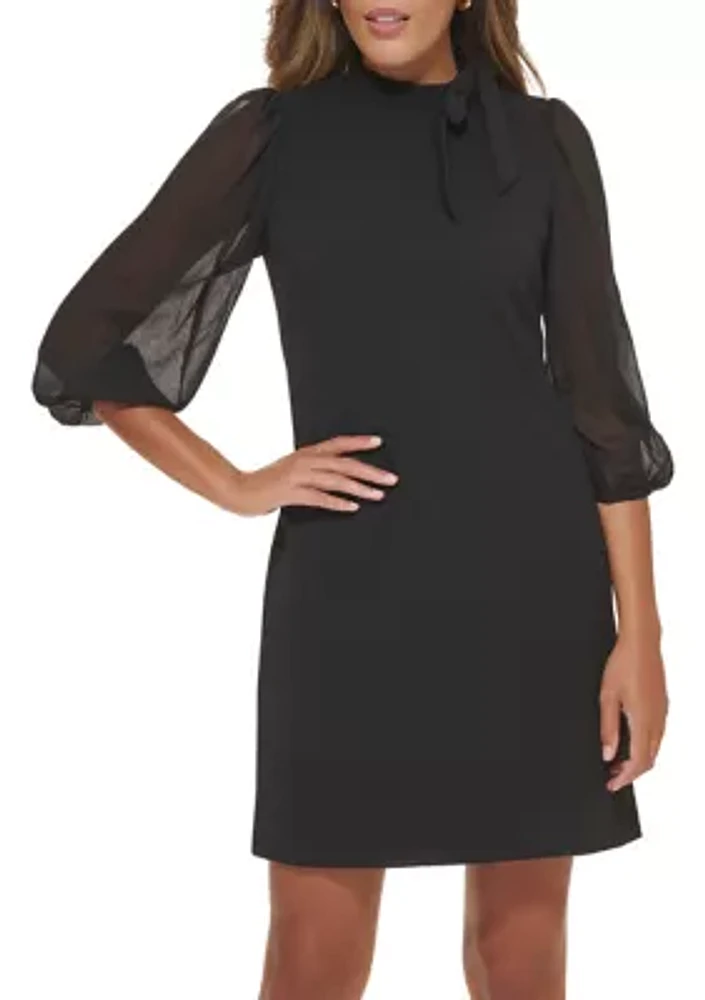 Women's 3/4 Sleeve Tie Neck Puff Solid A-Line Dress