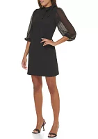 Women's 3/4 Sleeve Tie Neck Puff Solid A-Line Dress