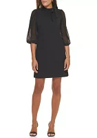 Women's 3/4 Sleeve Tie Neck Puff Solid A-Line Dress