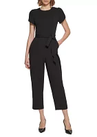 Women's Short Sleeve Boat Neck Tie Waist Solid Jumpsuit