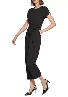 Women's Short Sleeve Boat Neck Tie Waist Solid Jumpsuit