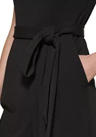 Women's Short Sleeve Boat Neck Tie Waist Solid Jumpsuit