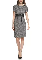 Women's Short Sleeve Tie Waist Printed Sheath Dress