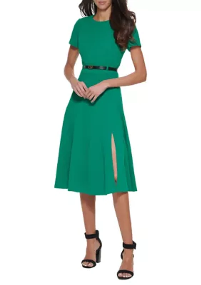 Women's Belted Fit and Flare Midi Dress