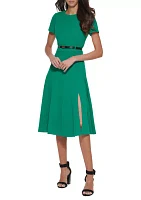 Women's Belted Fit and Flare Midi Dress