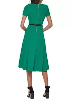 Women's Belted Fit and Flare Midi Dress