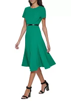 Women's Belted Fit and Flare Midi Dress