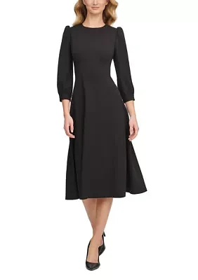 Women's Puff Sleeve Crew Neck Solid Crepe Fit and Flare Dress