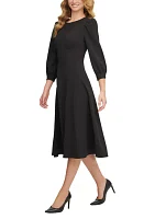 Women's Puff Sleeve Crew Neck Solid Crepe Fit and Flare Dress