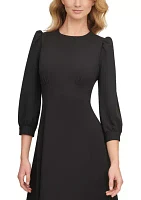 Women's Puff Sleeve Crew Neck Solid Crepe Fit and Flare Dress