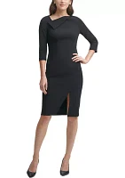 Women's 3/3 Sleeve Asymmetrical Neck Solid Sheath Dress