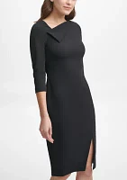 Women's 3/3 Sleeve Asymmetrical Neck Solid Sheath Dress