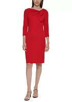 Women's 3/4 Sleeve Asymmetrical Neck Solid Crepe Sheath Dress