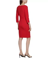 Women's 3/4 Sleeve Asymmetrical Neck Solid Crepe Sheath Dress