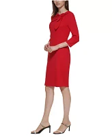 Women's 3/4 Sleeve Asymmetrical Neck Solid Crepe Sheath Dress