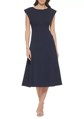 Women's Cap Sleeve Boat Neck Solid Midi Dress