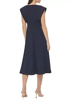 Women's Cap Sleeve Boat Neck Solid Midi Dress