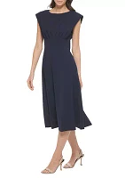 Women's Cap Sleeve Boat Neck Solid Midi Dress