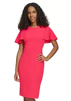 Women's Flutter Sleeve Solid Scuba Sheath Dress