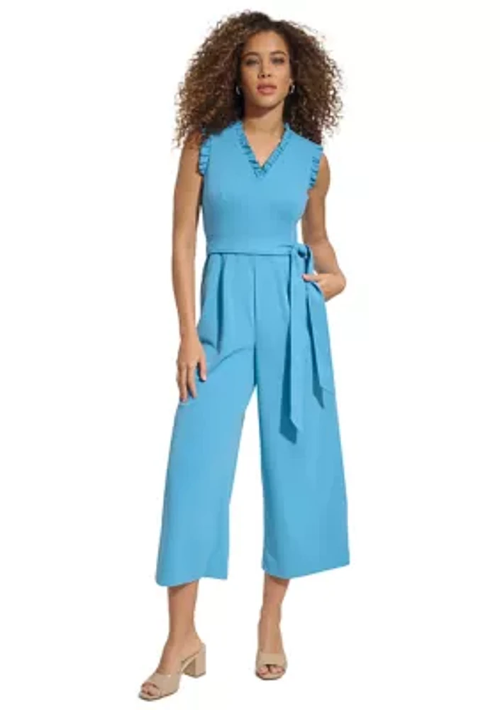 Women's Sleeveless V-Neck Tie Waist Flare Jumpsuit