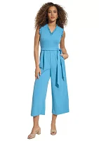 Women's Sleeveless V-Neck Tie Waist Flare Jumpsuit