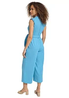 Women's Sleeveless V-Neck Tie Waist Flare Jumpsuit