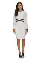 Women's Long Sleeve Boat Neck Belted Fit and Flare Dress