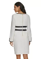 Women's Long Sleeve Boat Neck Belted Fit and Flare Dress