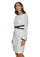 Women's Long Sleeve Boat Neck Belted Fit and Flare Dress