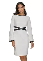 Women's Long Sleeve Boat Neck Belted Fit and Flare Dress