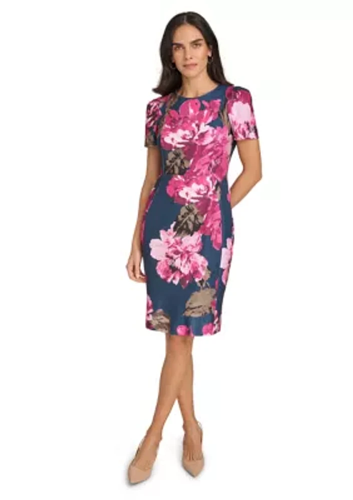 Women's Short Sleeve Crew Neck Floral Print Sheath Dress