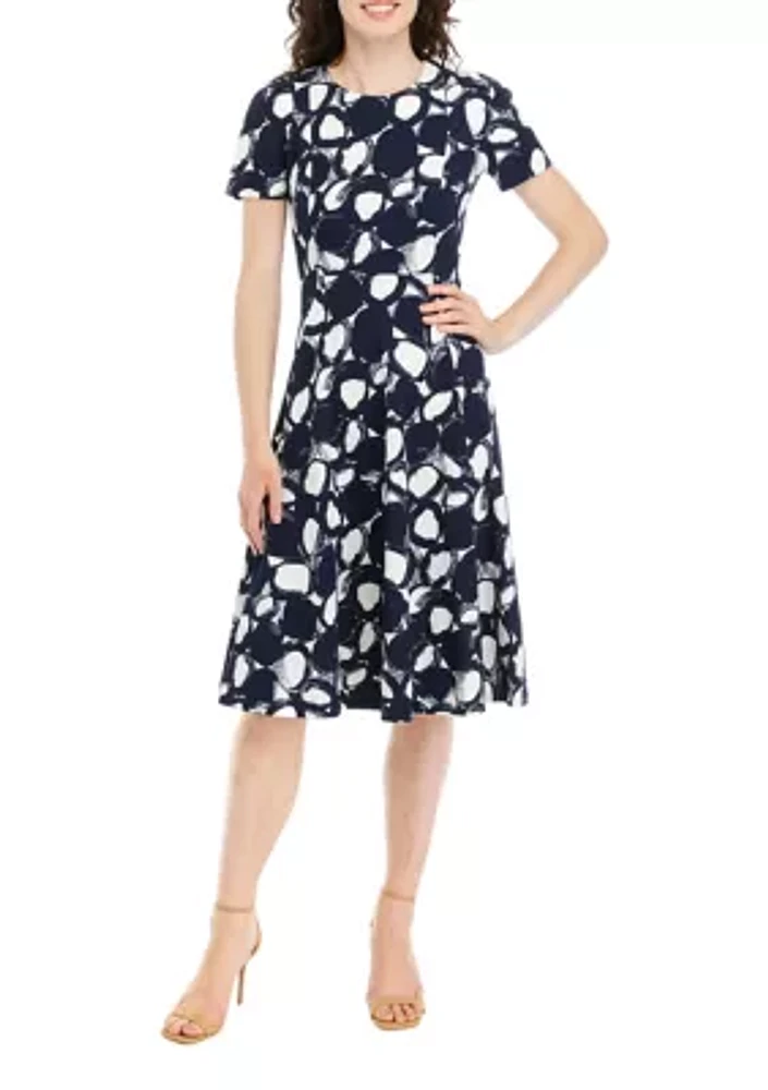 Women's Short Sleeve Floral Print Scuba Fit and Flare Dress