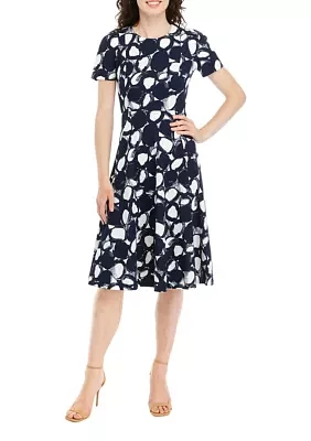 Women's Short Sleeve Floral Print Scuba Fit and Flare Dress