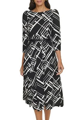 Women's 3/4 Sleeve Geometric Print Crepe Belted Midi Dress