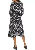 Women's 3/4 Sleeve Geometric Print Crepe Belted Midi Dress