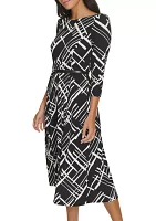 Women's 3/4 Sleeve Geometric Print Crepe Belted Midi Dress